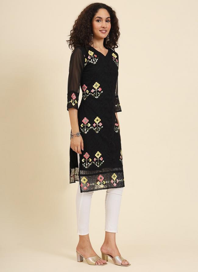 Georgette Black Festival Wear Lucknowi Chikankari Work Readymade Kurti